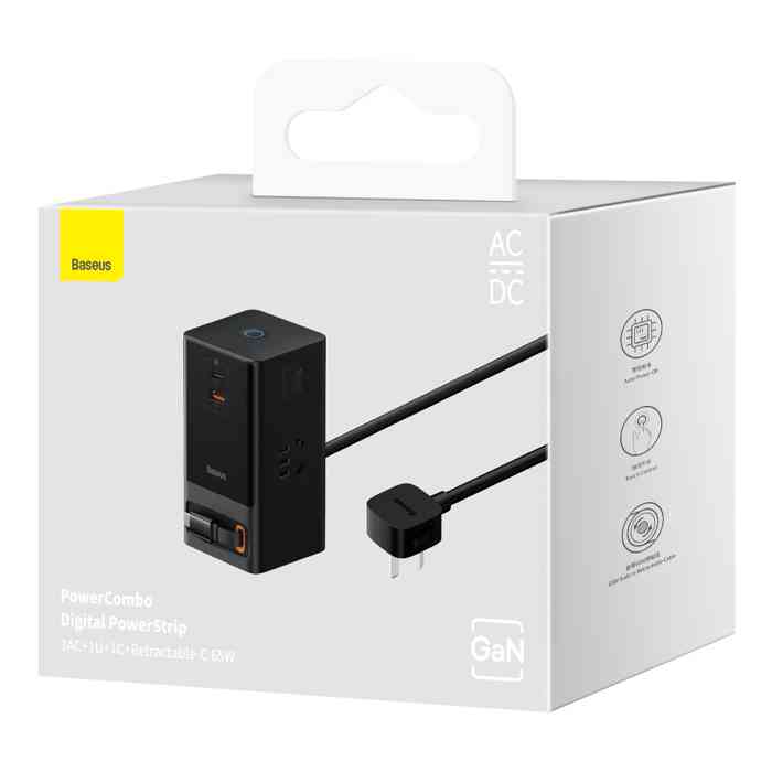 Baseus Gan5 Pro 65w Power Combo Digital Power Strip  3AC 1U 1C Retractable-C